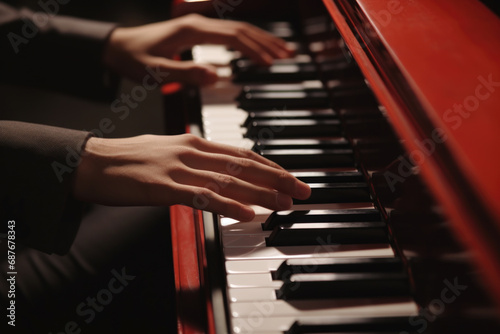 Person is pictured playing red piano in dark room. This image can be used to convey sense of mystery or creativity.