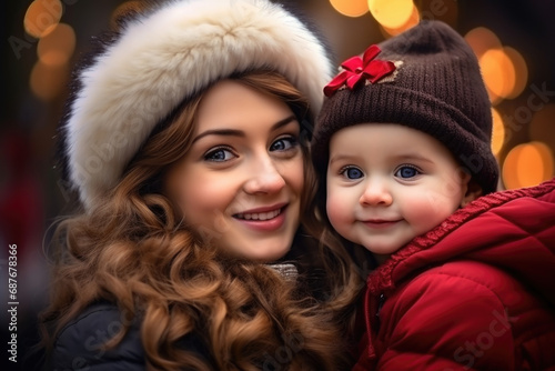 Woman holding baby, both wearing hats. Suitable for parenting and family-related content. © vefimov