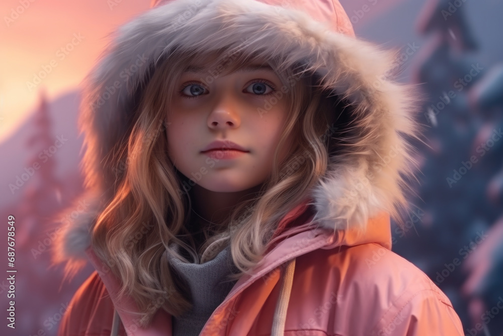 Young girl wearing pink jacket and furry hood. Suitable for winter and outdoor activities. Young girl wearing pink jacket and furry hood. Suitable for winter and outdoor activities.