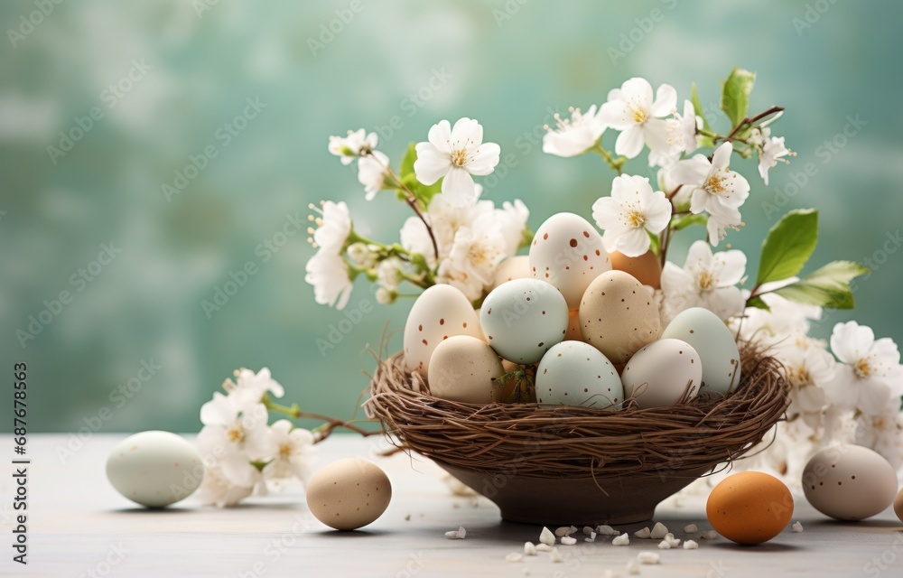 a basket full of easter eggs and flowers,