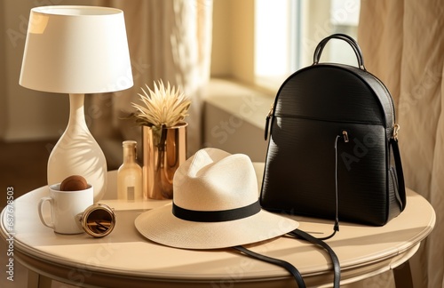 a bag and two hats sitting on top of table,