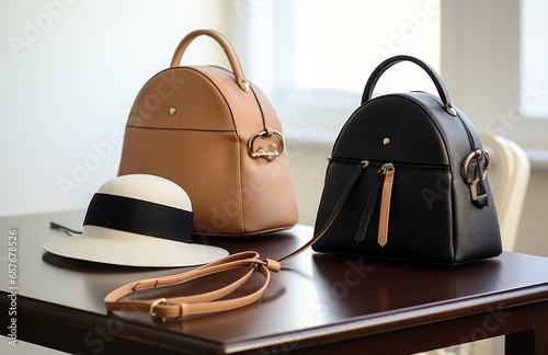 a bag and two hats sitting on top of table,