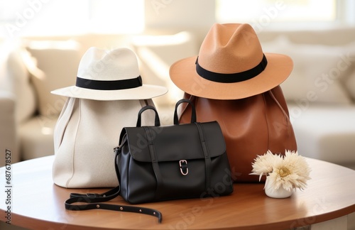 a bag and two hats sitting on top of table,
