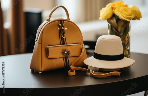 a bag and two hats sitting on top of table,