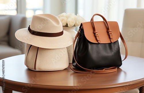 a bag and two hats sitting on top of table,