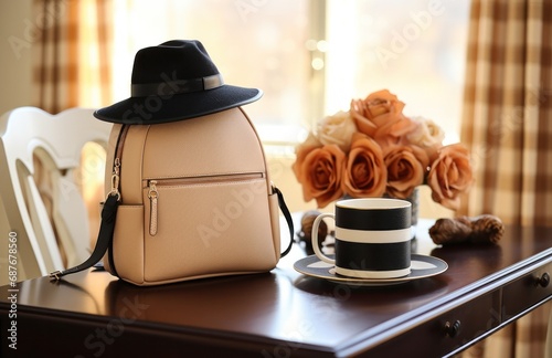 a bag and two hats sitting on top of table,