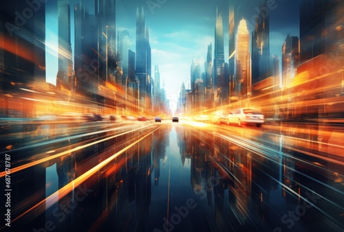 a blurry picture of traffic driving through the city, © olegganko