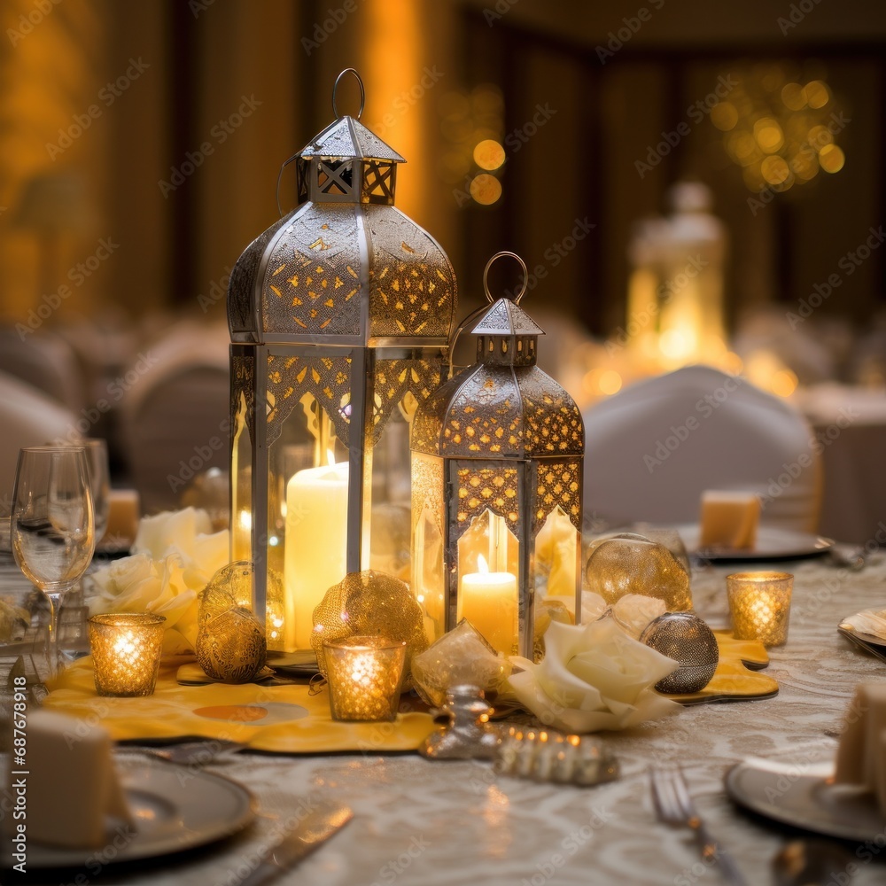 A majestic silver and gold background with beautiful Arabic calligraphy and a glistening lantern centerpiece