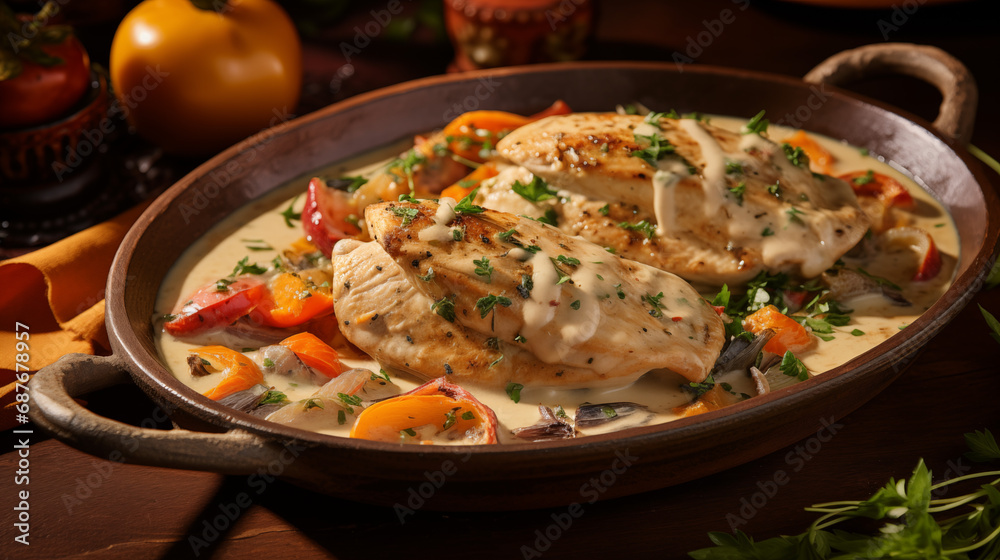 Creamy Mediterranean chicken on an old Mediterranean table and dishes, ai generative Creamy Mediterranean chicken on an old Mediterranean table and dishes, ai generative