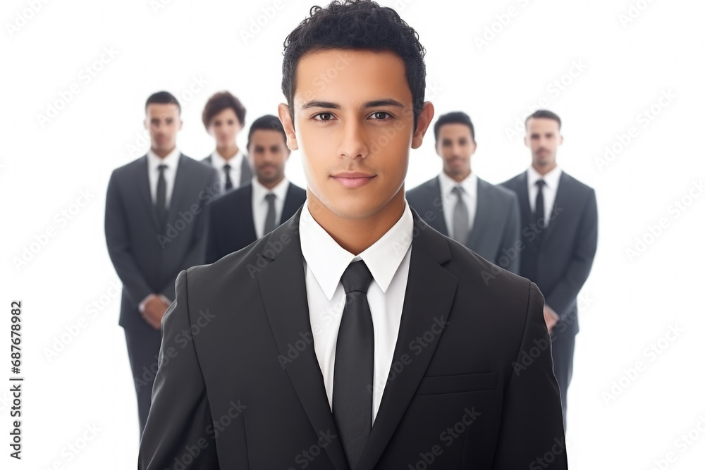 Man dressed in suit stands confidently in front of group of men. This image can be used to depict leadership, teamwork, or business meetings.