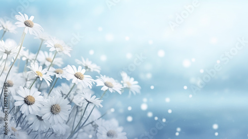 Winter daisies with frost and snow. Icy scene. Graphic banner