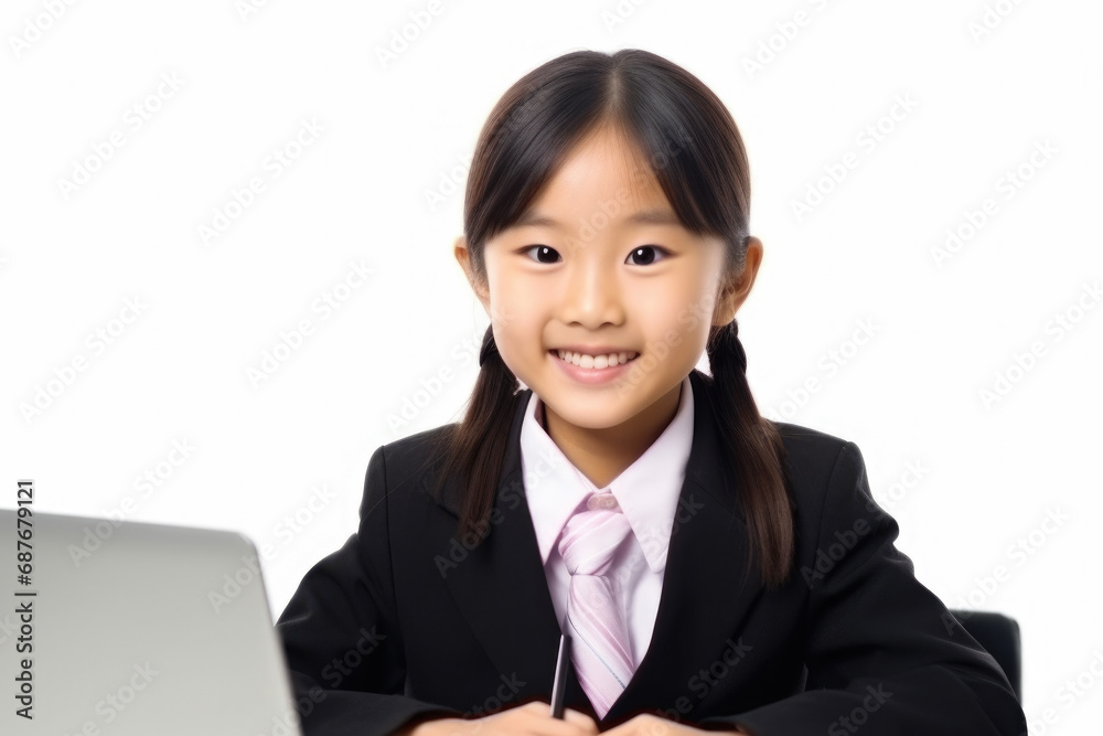 Young girl sitting at table, using laptop. Suitable for educational, technology, or family-related projects. Young girl sitting at table, using laptop. Suitable for educational, technology, or family-related projects.