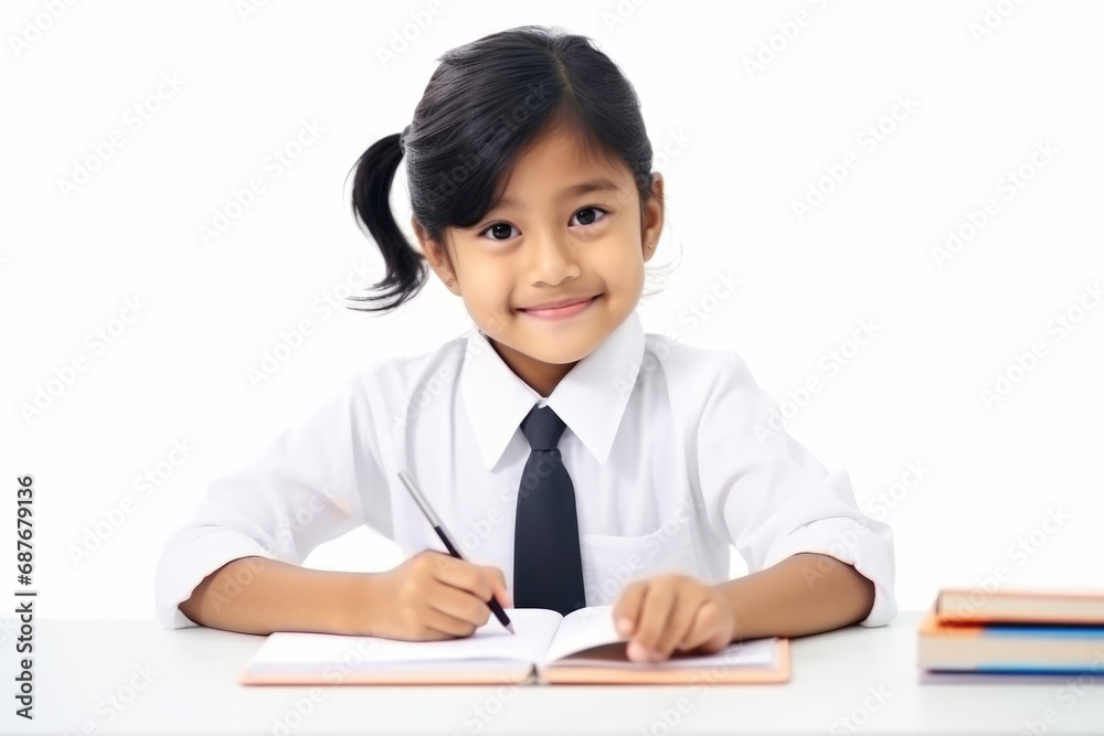 Little girl sitting at desk and writing. Suitable for educational and creative concepts. Little girl sitting at desk and writing. Suitable for educational and creative concepts.