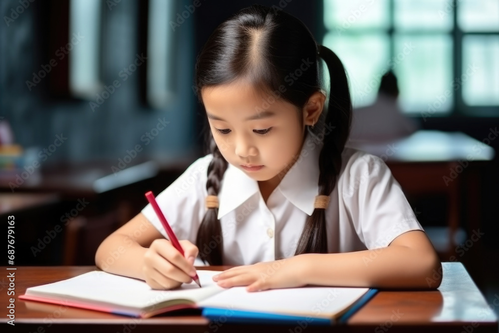 Little girl sitting at table, focused on writing on piece of paper. Suitable for educational and creative concepts. Little girl sitting at table, focused on writing on piece of paper. Suitable for educational and creative concepts.