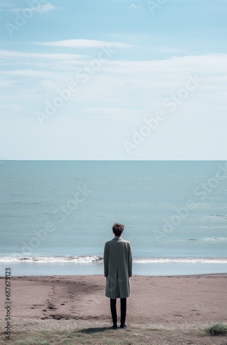 a man is standing at the beach near the ocean,
