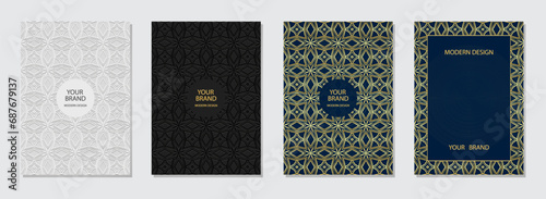Set of holiday covers, vertical templates. A collection of embossed, geometric backgrounds with ethnic gold 3D patterns in handmade style. Arabesques of the East, Asia, India, Africa, Mexico, Aztec