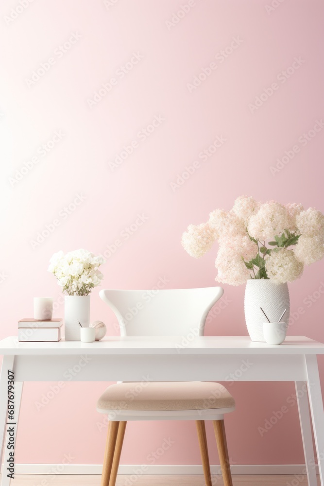 A minimalist white desk with a vase of fresh white hydrangeas A minimalist white desk with a vase of fresh white hydrangeas