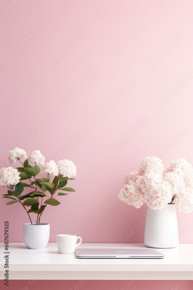 A minimalist white desk with a vase of fresh white hydrangeas A minimalist white desk with a vase of fresh white hydrangeas