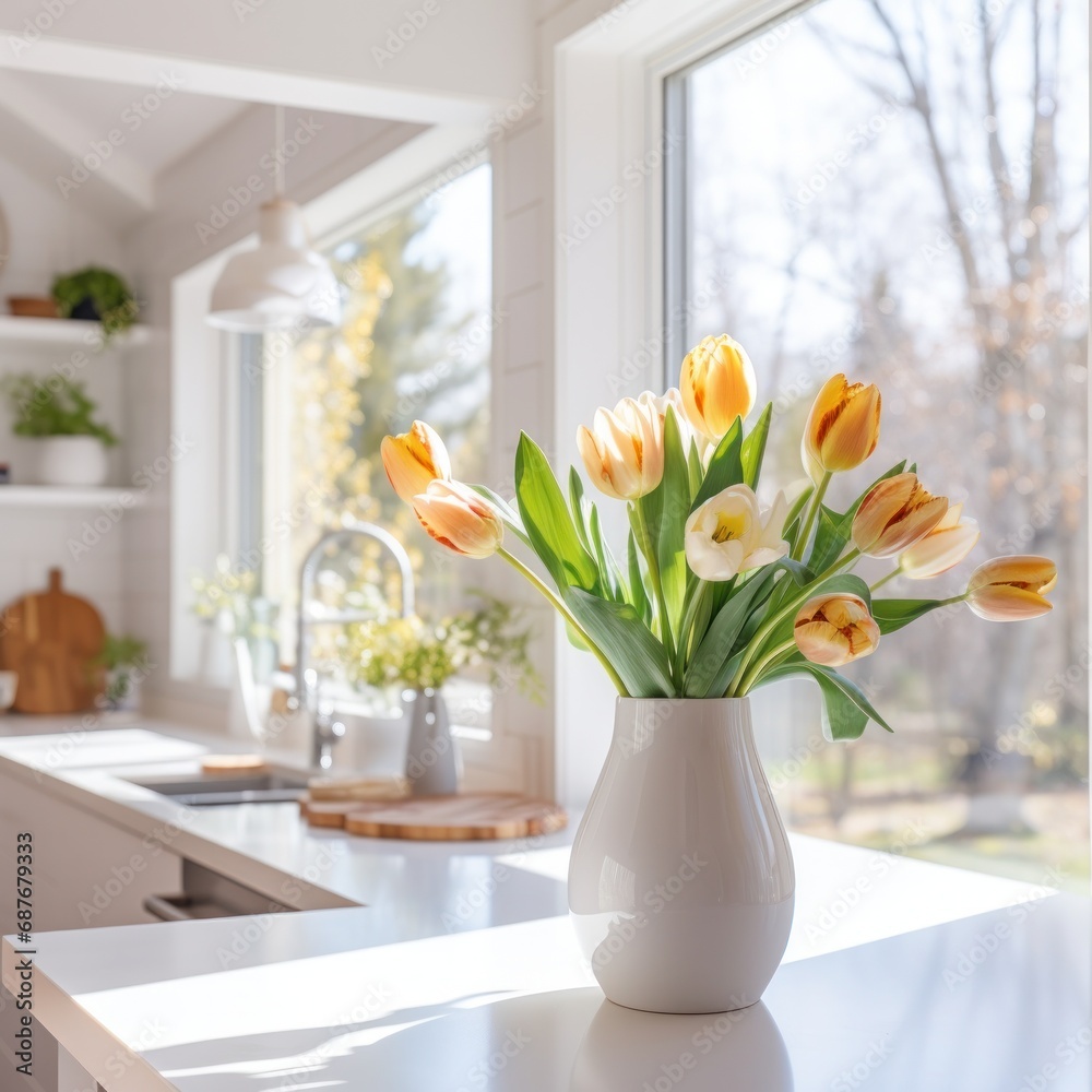 A modern white kitchen with pops of greenery, a vase of tulips on the counter, A modern white kitchen with pops of greenery, a vase of tulips on the counter,