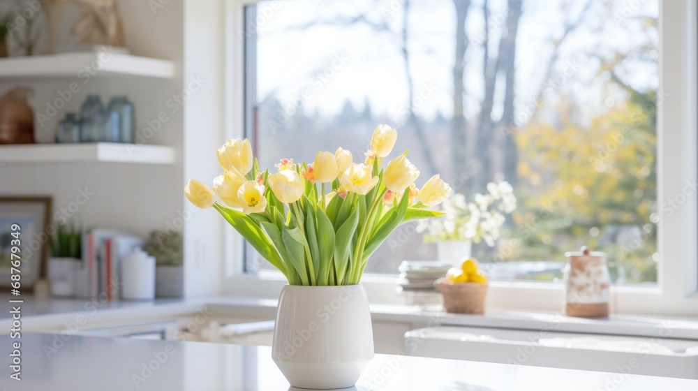 A modern white kitchen with pops of greenery, a vase of tulips on the counter, A modern white kitchen with pops of greenery, a vase of tulips on the counter,