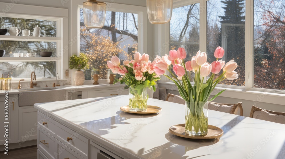 A modern white kitchen with pops of greenery, a vase of tulips on the counter,