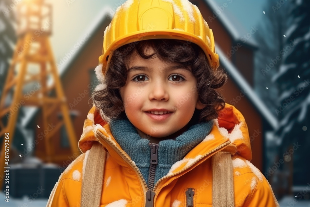 Young boy wearing yellow construction helmet. Ideal for construction, safety, or educational themes. Young boy wearing yellow construction helmet. Ideal for construction, safety, or educational themes.