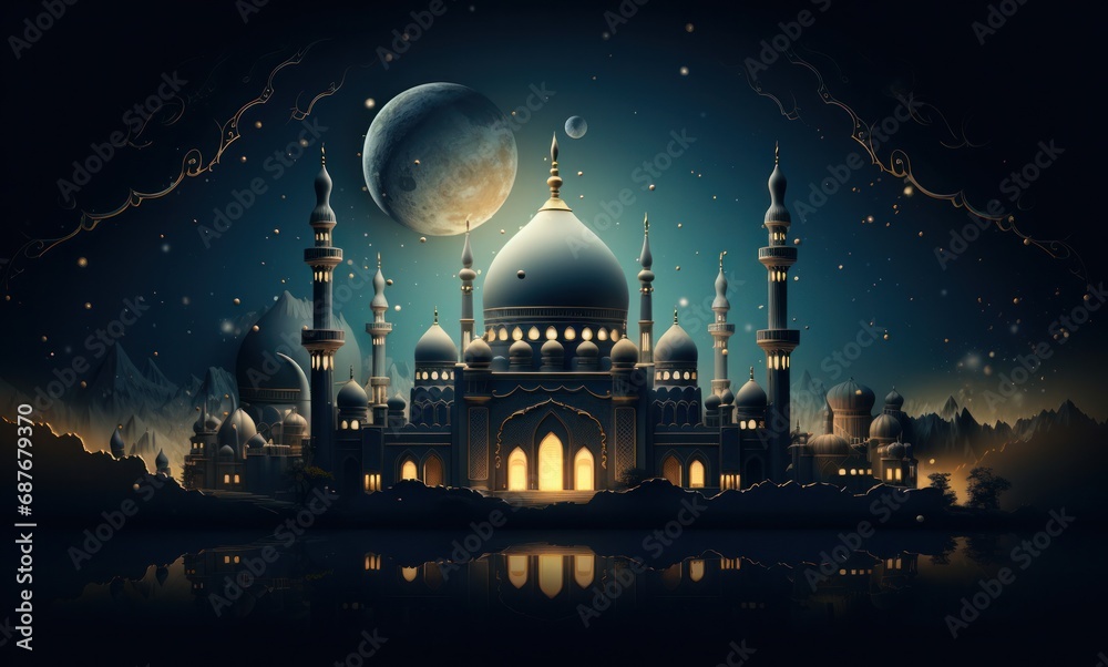 a mosque is lit up with an open crescent,