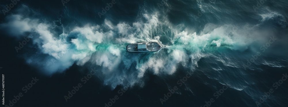 a motorboat traveling in the ocean from an overhead aerial view, - obrazy, fototapety, plakaty 