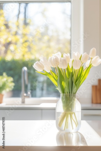 A modern white kitchen with pops of greenery, a vase of tulips on the counter,