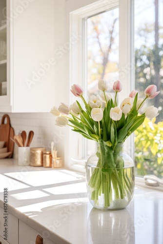 Wallpaper Mural A modern white kitchen with pops of greenery, a vase of tulips on the counter, Torontodigital.ca