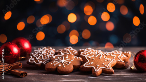 Christmas gingerbread cookies on a fairy lights bokeh background banner