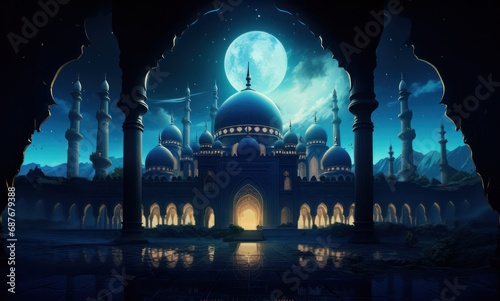 a mosque is lit up with an open crescent,