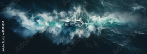 Fotografia a motorboat traveling in the ocean from an overhead aerial view,