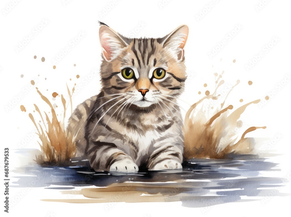 a painting of a cat sitting in water,