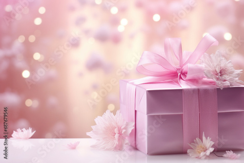 Pink gift box with beautiful pink ribbon and flowers. This image can be used to represent love, celebrations, birthdays, anniversaries, and special occasions.
