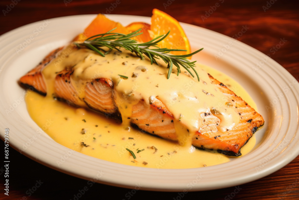 Delicious fish dish served on white plate, covered in flavorful sauce. Perfect for seafood lovers. Can be used for restaurant menus, food blogs, or cooking magazines. Delicious fish dish served on white plate, covered in flavorful sauce. Perfect for seafood lovers. Can be used for restaurant menus, food blogs, or cooking magazines.
