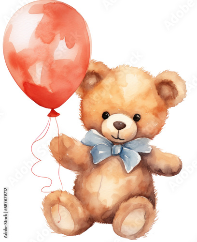 a painting of a teddy bear carrying a balloon,