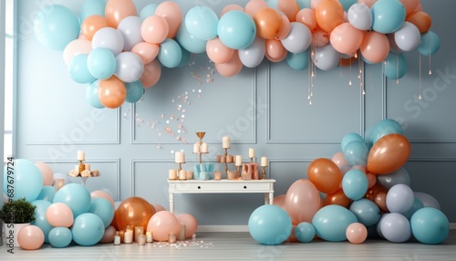 a party on a table with various balloons and decorations,