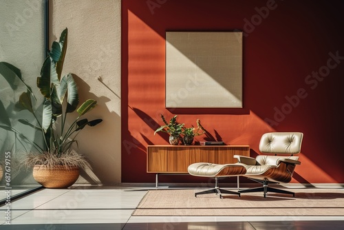 Mid-century style living room with sofa and plants