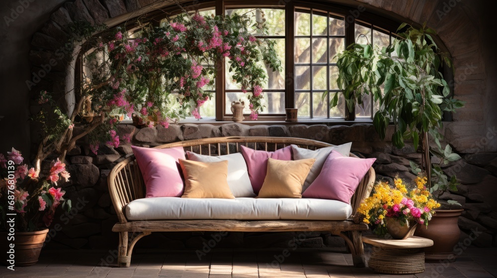 A rustic wooden bench with a cushion, a woven basket of colorful flowers,