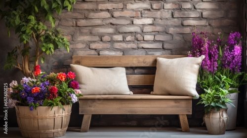 A rustic wooden bench with a cushion, a woven basket of colorful flowers,