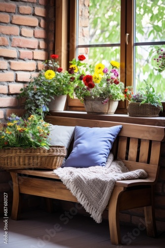A rustic wooden bench with a cushion, a woven basket of colorful flowers,