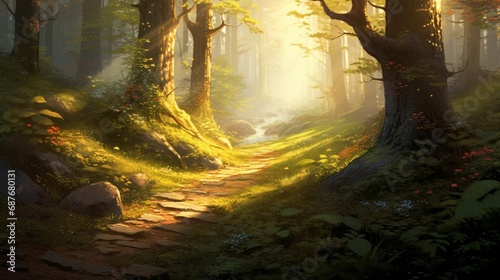 A mysterious pathway winding through a dense forest, dappled with golden sunlight.