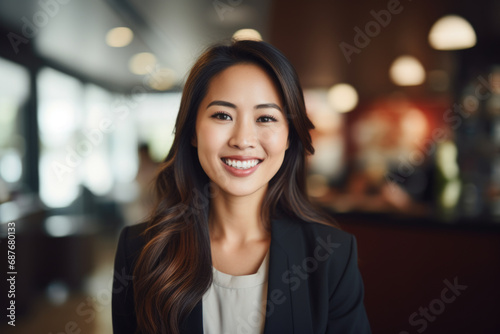 Woman in business suit smiling at camera. Suitable for corporate and professional concepts.