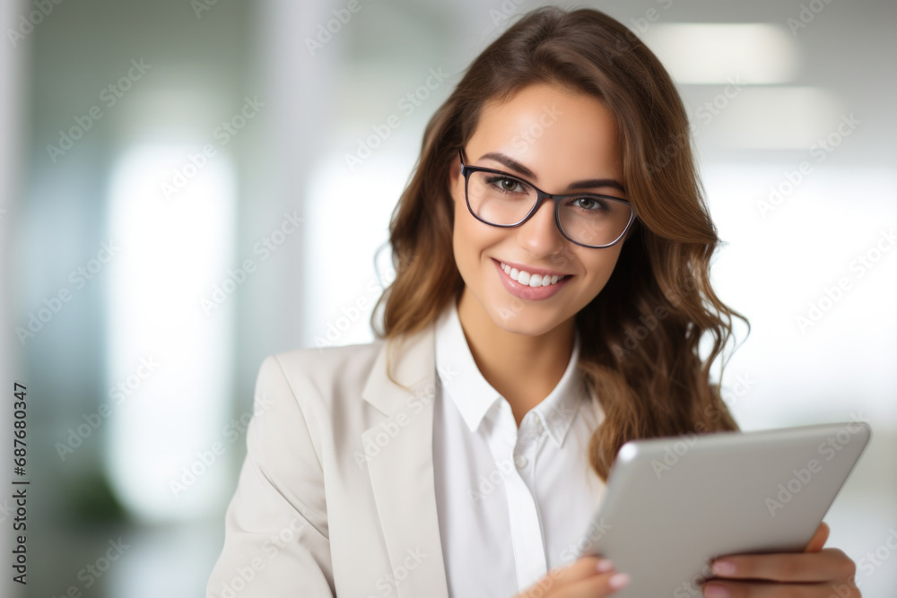 Woman wearing glasses holds tablet computer. This versatile image can be used to illustrate technology, education, or work-related concepts. Woman wearing glasses holds tablet computer. This versatile image can be used to illustrate technology, education, or work-related concepts.