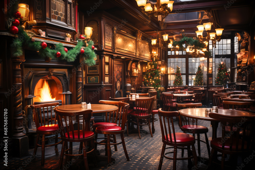 Irish pub interior design decorated with Christmas trees and garlands