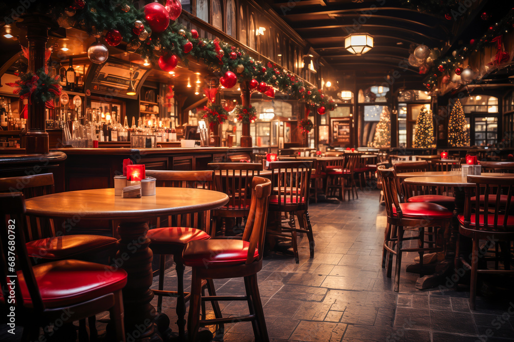 Irish pub interior design decorated with Christmas trees and garlands