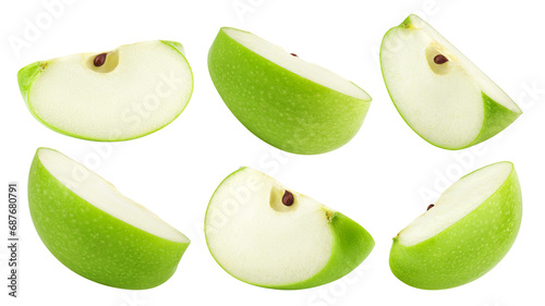 Foto Green juicy apple slice isolated on white background, full depth of field