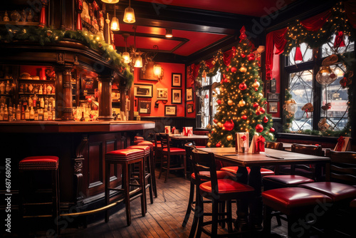 Irish pub interior design decorated with Christmas trees and garlands