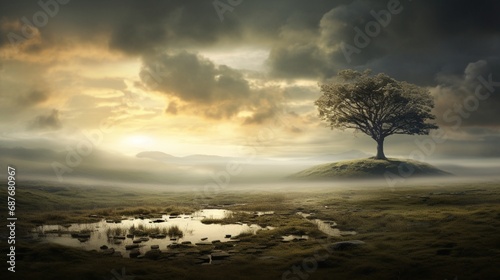 A misty meadow with a lone tree  standing tall as a symbol of strength and new beginnings.